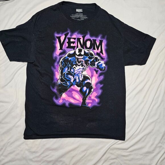 Marvel Venom T-Shirt Black Purple Smoke Flames Graphic Tee Men's Size L - Picture 1 of 4